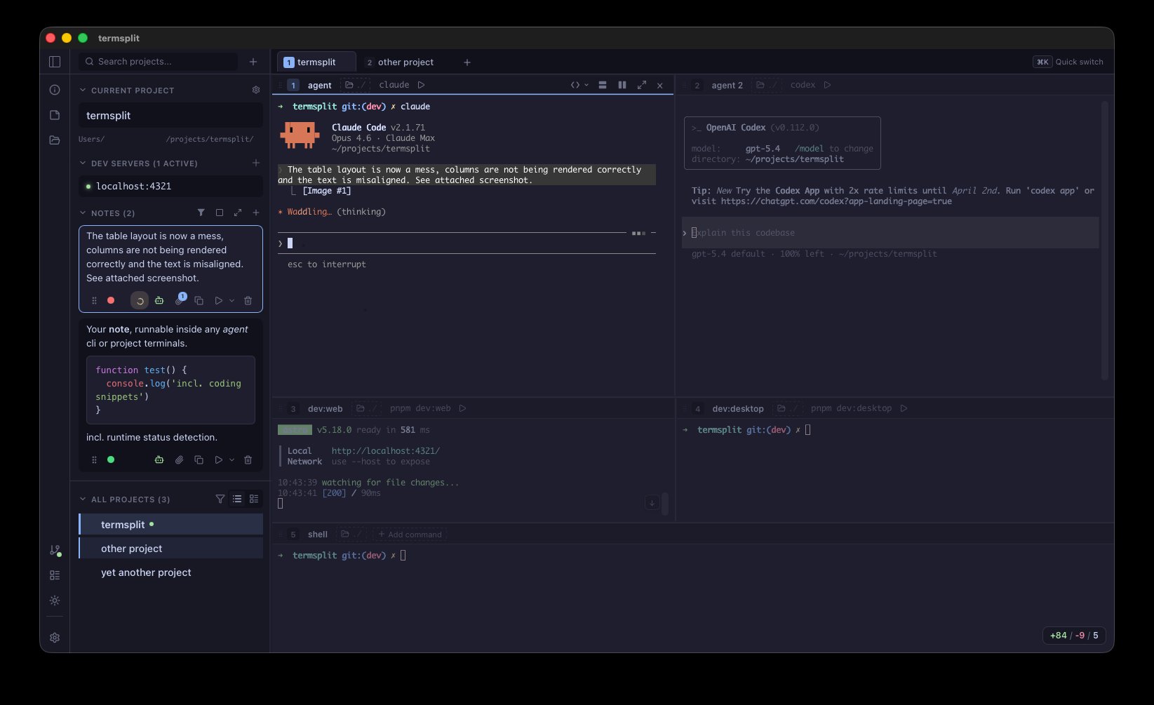 TermSplit app in dark theme